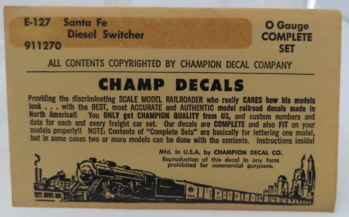 Champ Decals E-127 O Gauge Santa Fe Diesel Switcher Complete Set
