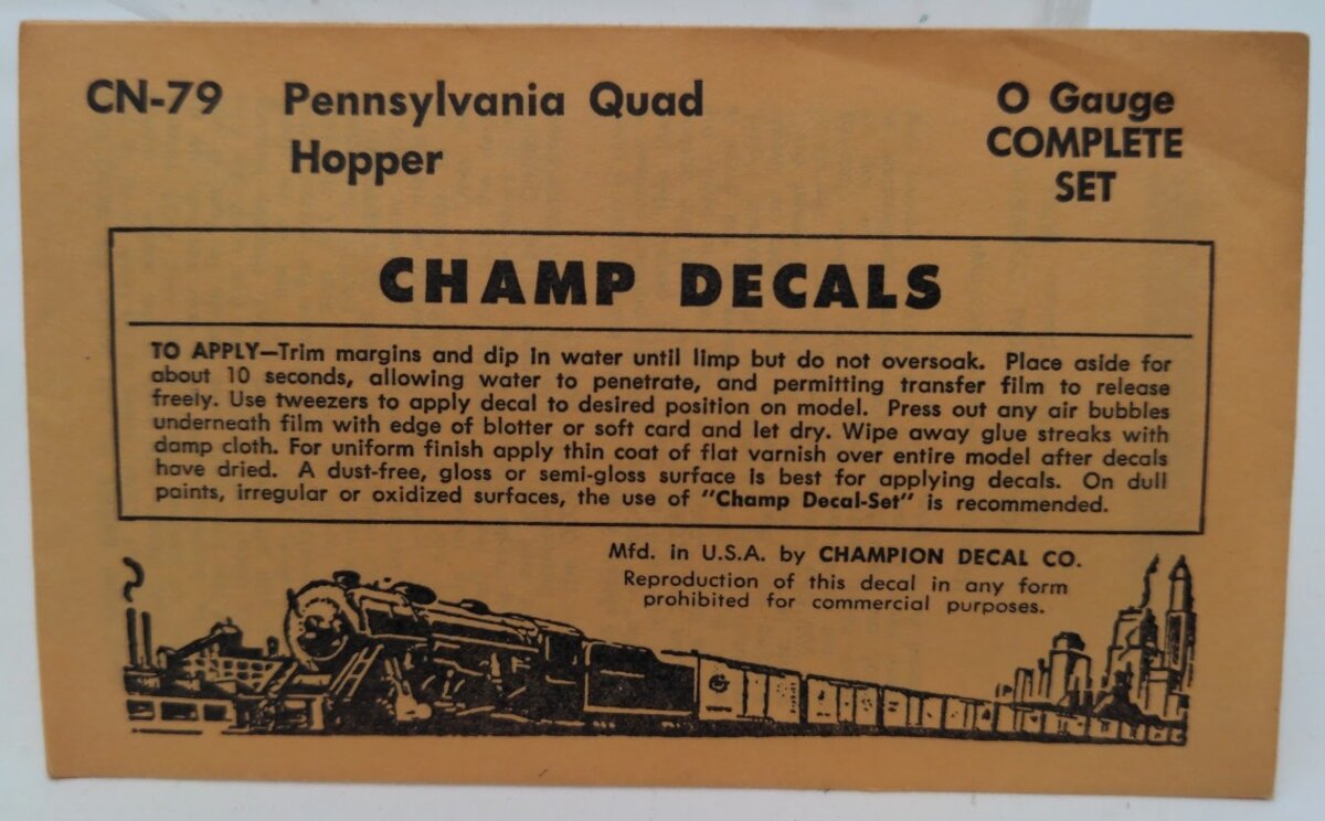 Champ Decals CN-79 O Gauge Pennsylvania Quad Hopper Complete Set