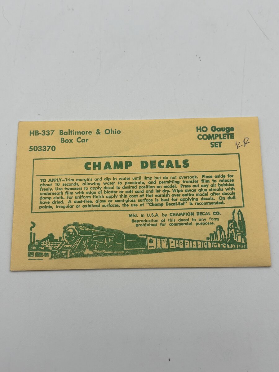 Champ Decals HB-337 HO Baltimore & Ohio Boxcar Decal