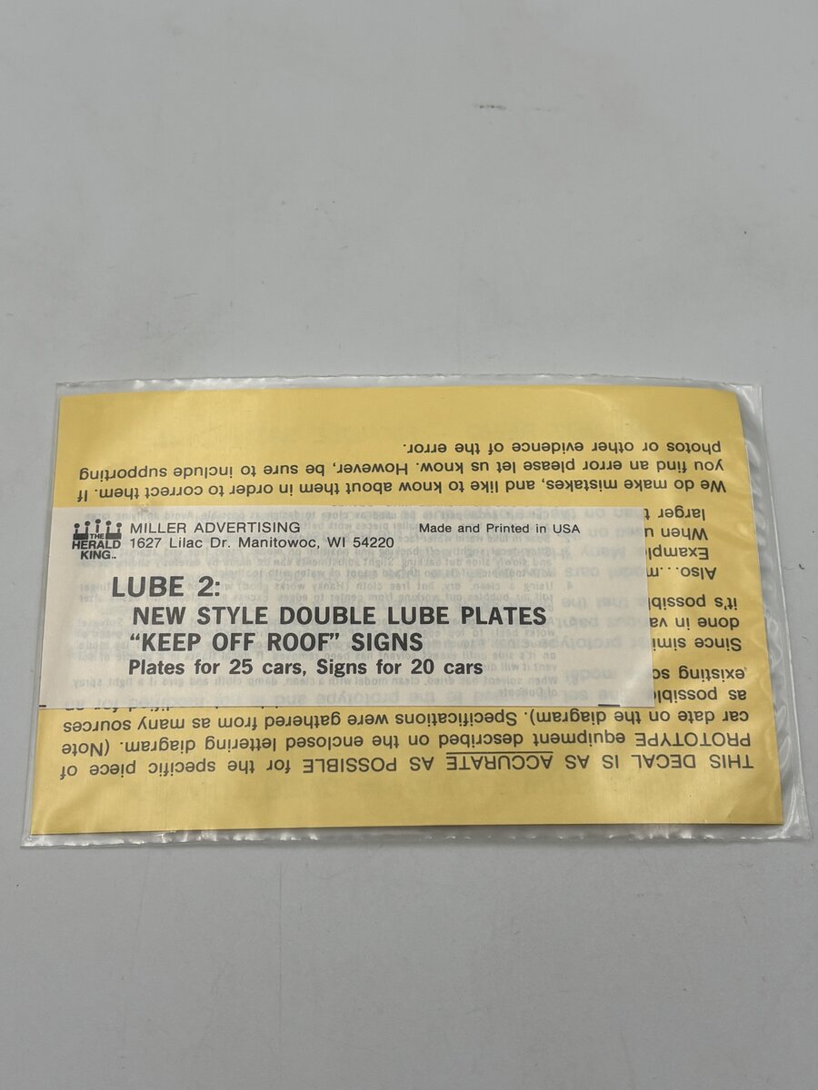 The Herald King HO Lube 2: New Style Double Lube Plates "Keep Off Roof" Signs