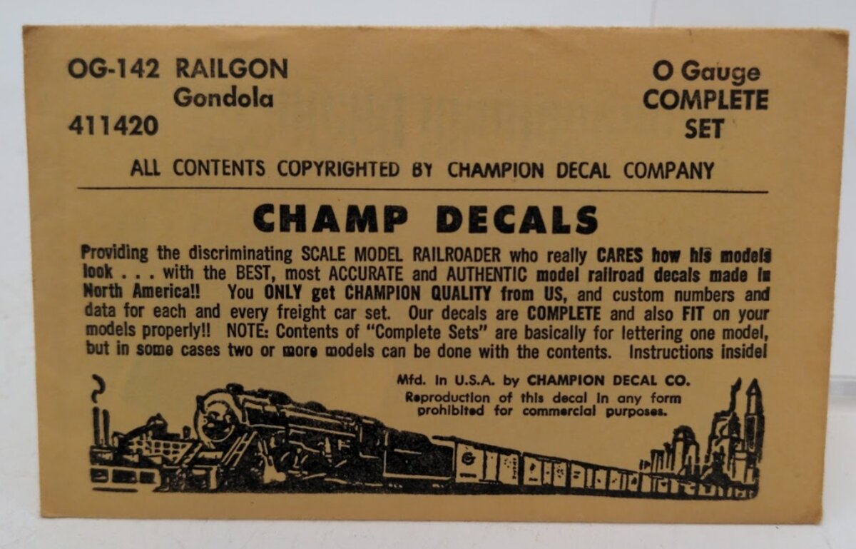 Champ Decals OG-142 O Scale Railgon Gondola Black/Yellow Lettering Decal Set