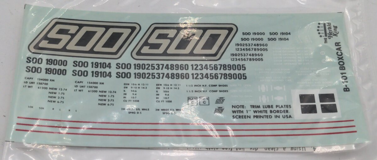 Herald King B-101 SOO White 50' Box Car Decal
