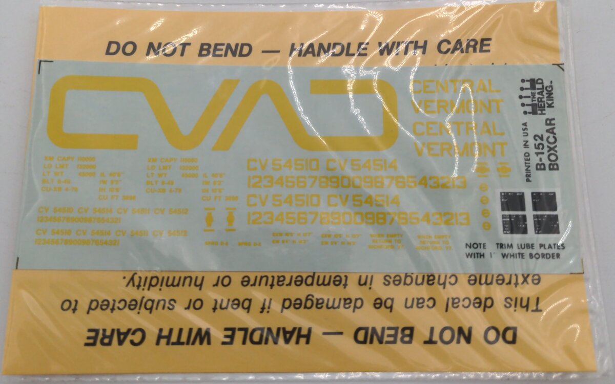 Herald King B-152 Central Vermont Forest Green 40' Boxcar Decal Yellow Lettering