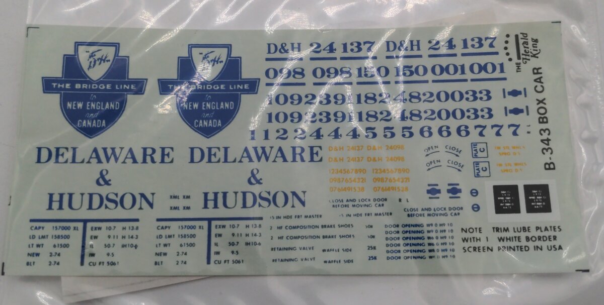 Herald King B-343 Delaware & Hudson (Blue Lettering) Decal