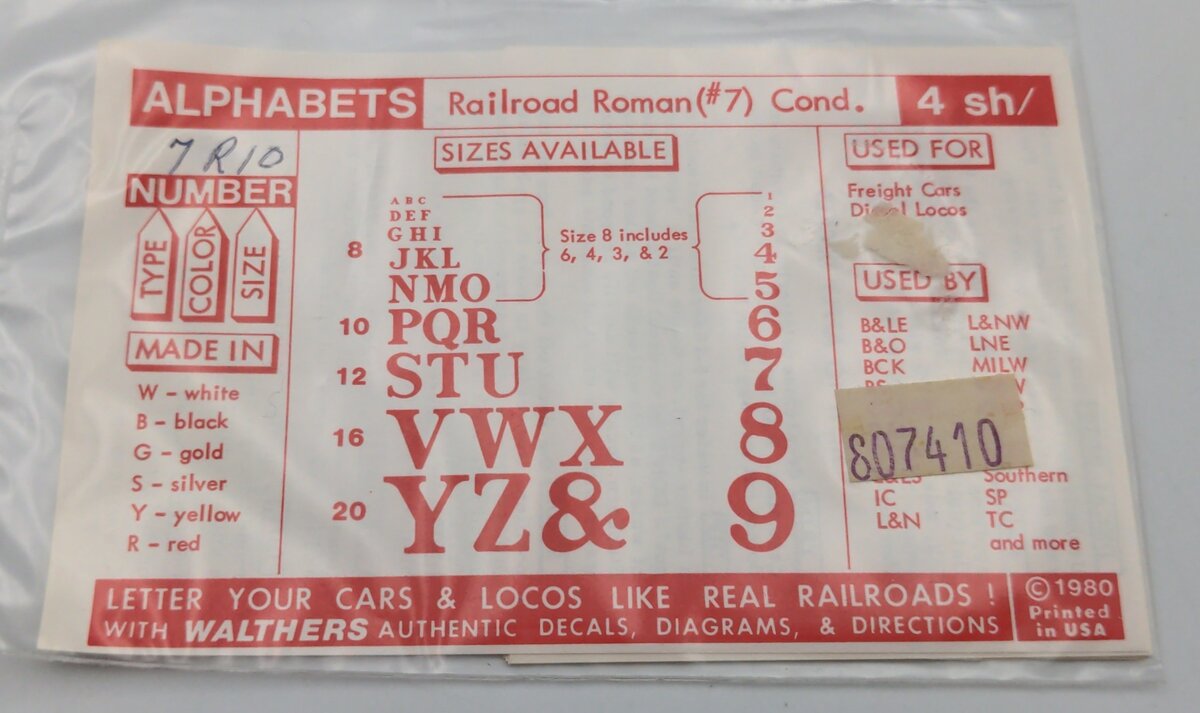 Walthers 807410 Railroad Roman #7 Red Size 10 (5/32") Decal Set