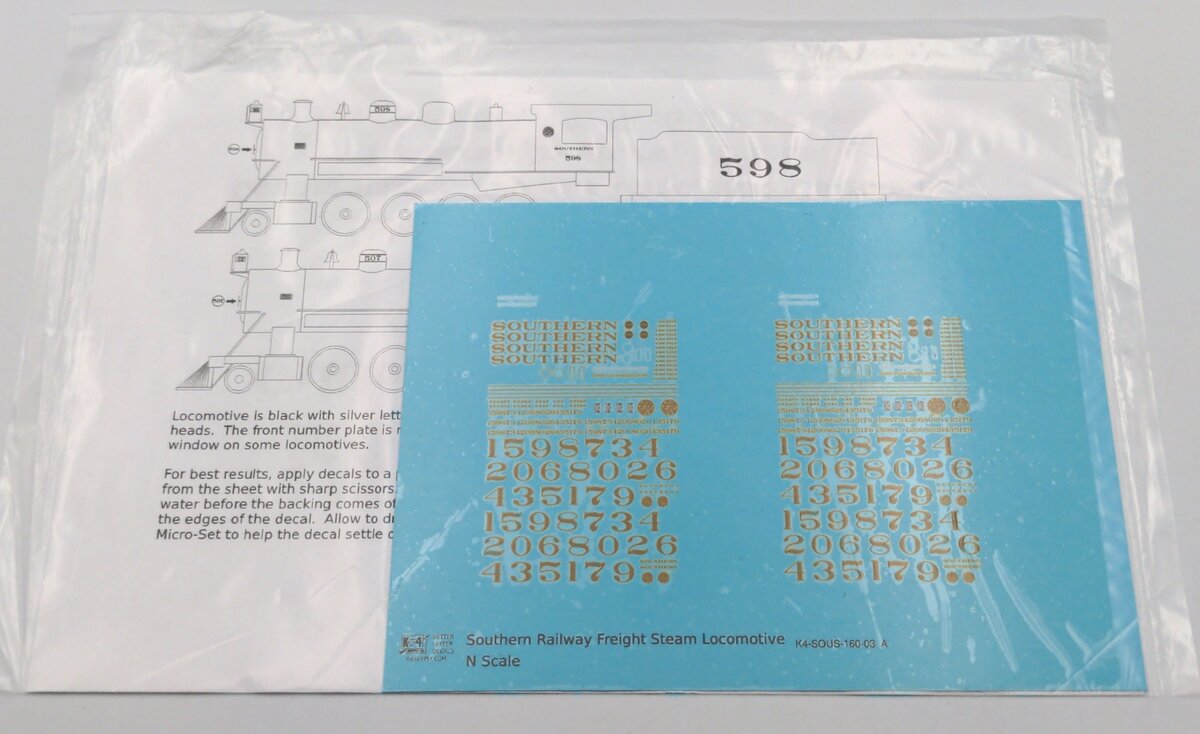 K4 K4-SOUS-160-03 N Southern Railway Freight Steam Locomotive Decals