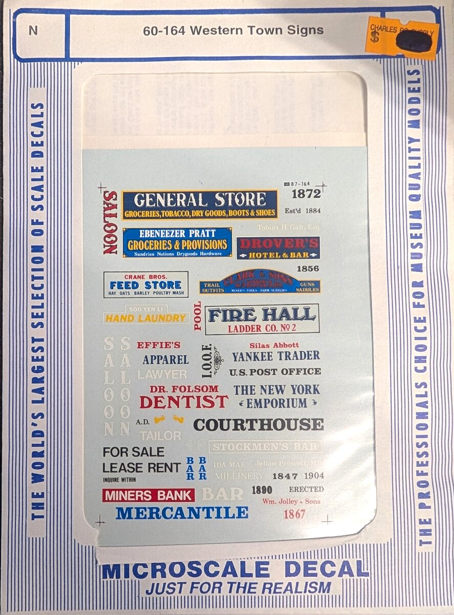 Microscale 60-164 N Scale Western Town Signs Decal Set