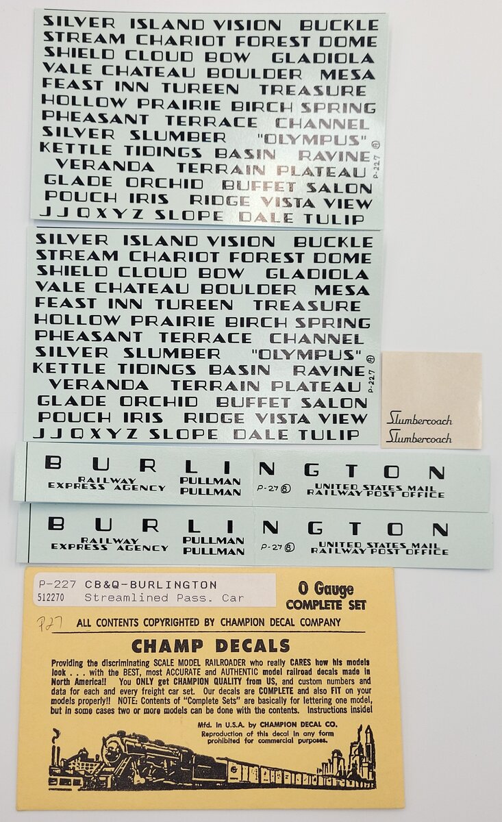 Champ Decals P-227 CB&Q - Burlington Streamlined Passenger Car Decal Set