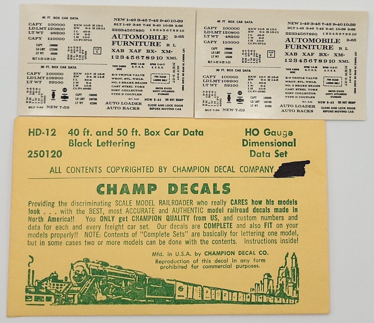 Champ Decals HD-12 40ft and 50ft Box Car Data Decal Set with Black Lettering