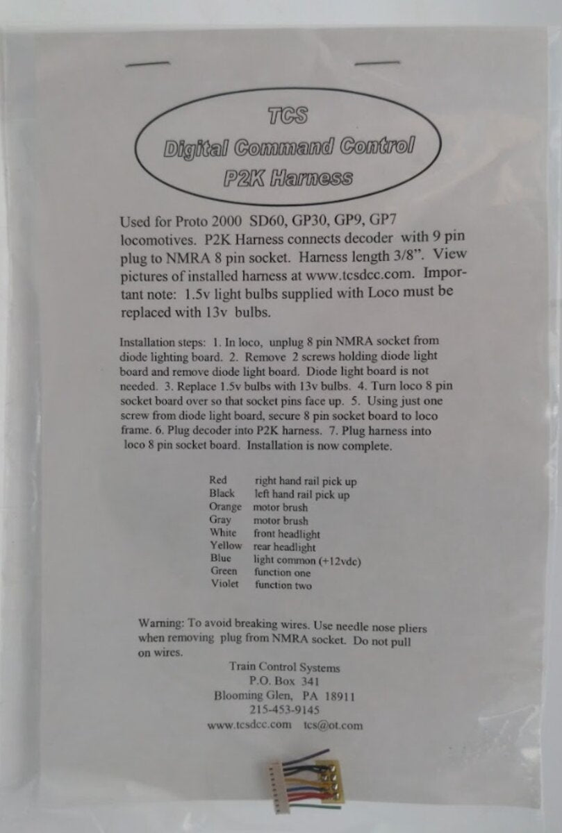 TCSDCC P2K Harness Connects Decoder W/9 Pin Plug to NMRA 8 Pin Socket