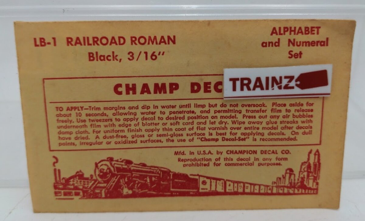 Champ Decals LB-1 HO Scale Black 3/16" Railroad Roman Alphabet & Number Set