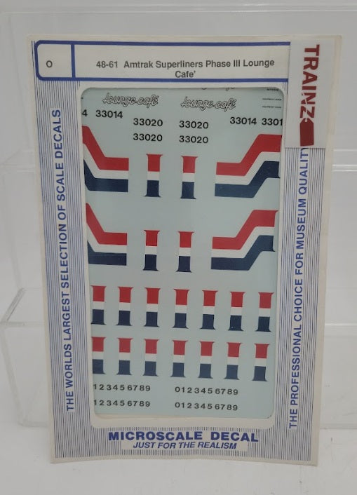 Microscale 48-61 O Scale Amtrak Superliners Phase III Lounge Cafe' Decal Sheet