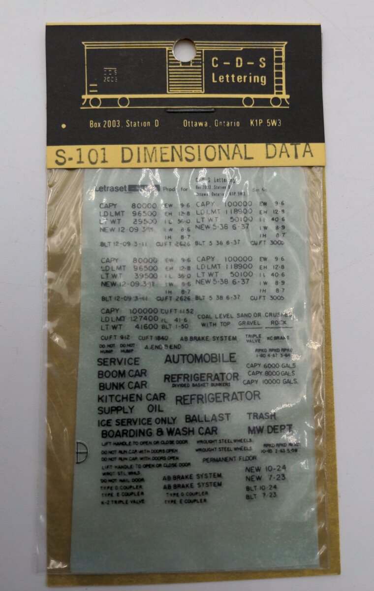 CDS Lettering S-101 Dimensional Data