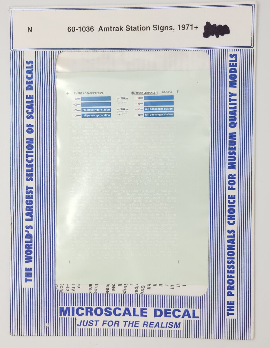Microscale 87-1036 N Scale 1971+ Amtrak Station Signs Waterslide Decal Sheet