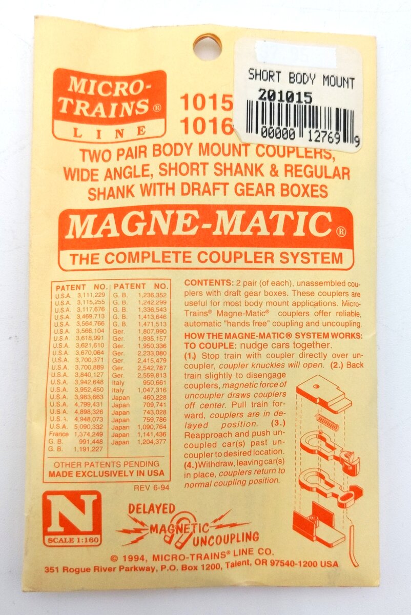 Micro-Trains 1015 N Scale 2 Pair Body Mount Couplers