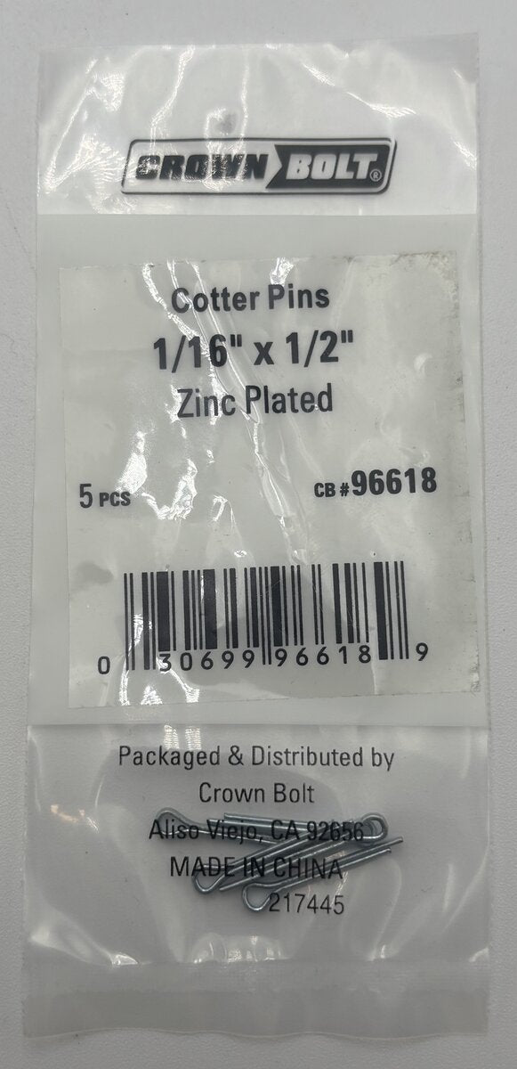 Crown Bolt 96618 Zinc Plated Cotter Pins 1/16" x 1/2" (Pack of 5)