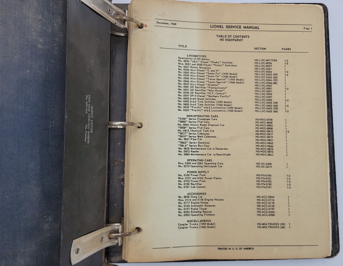 Lionel 21-607 HO Scale 1960 Service Manual and Parts List in Lionel Binder