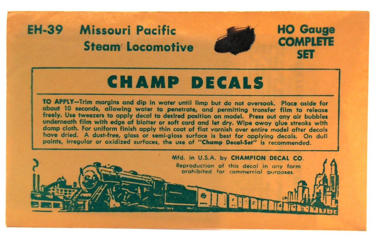 Champ Decals EH-39 HO Scale Missouri Pacific Steam Locomotive Decals