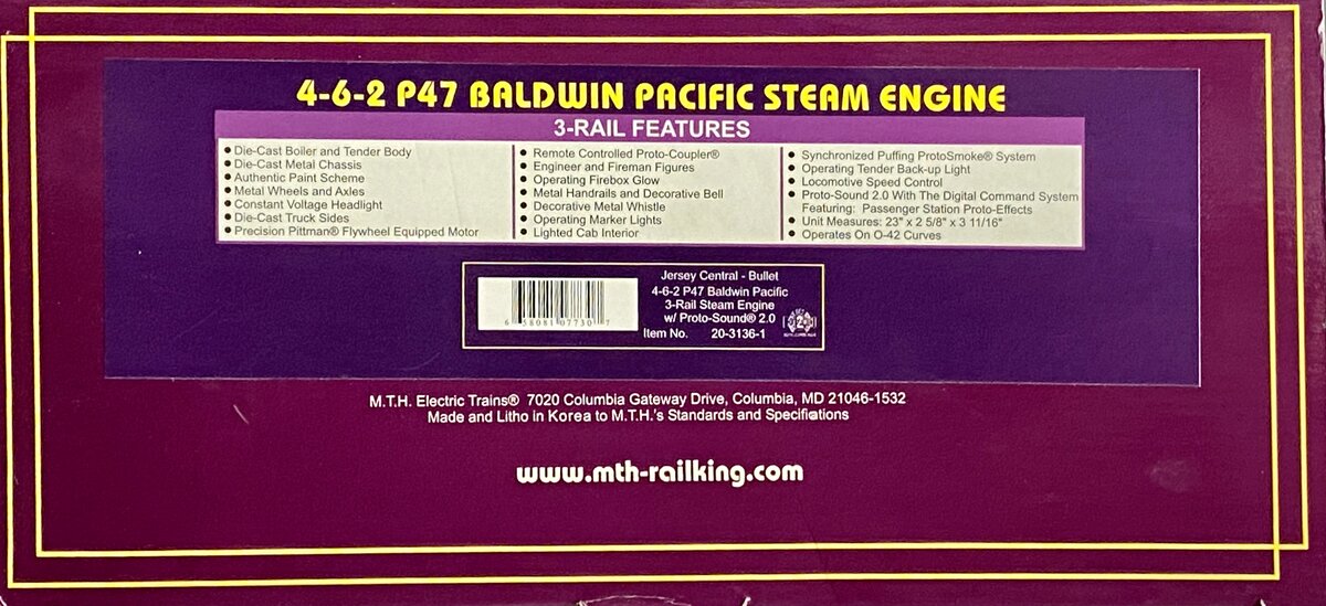 MTH 20-3136-1 O Jersey Central P47 4-6-2 Steam Locomotive & Tender w/PS2 #834 LN/Box