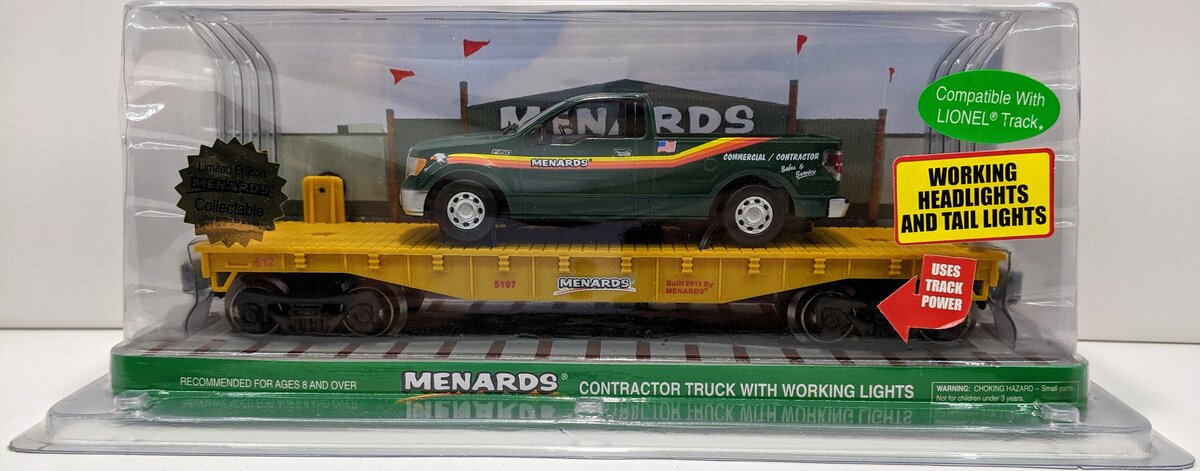 Menards 279-0656 O Menards Flatcar With Contractor Car & Working Lights LN/Box