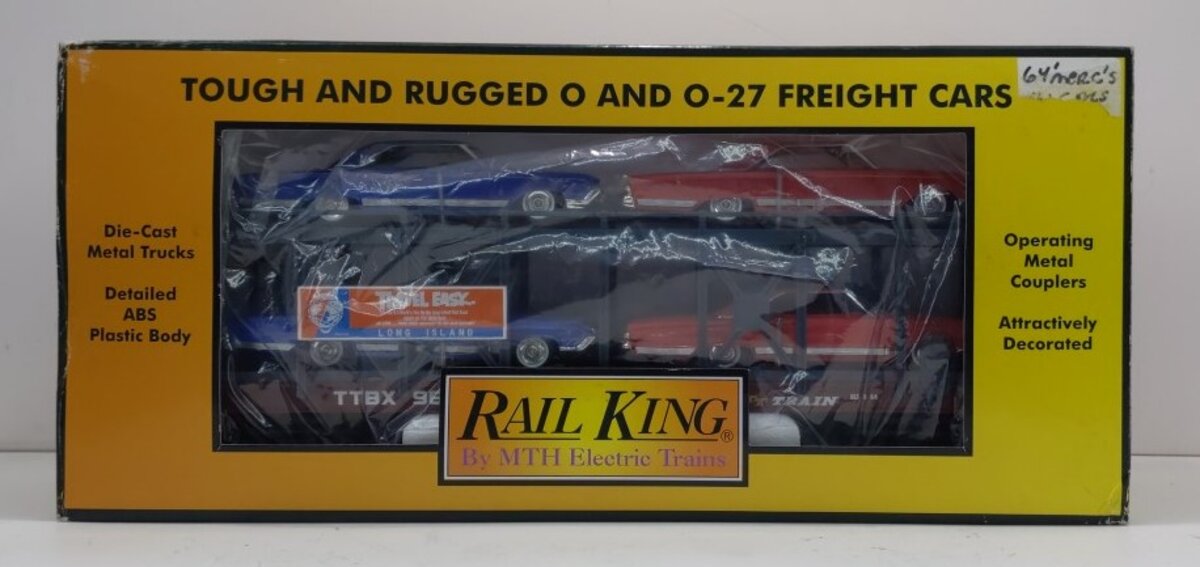 MTH 30-76643 O Long Island Auto Carrier Flat Car with 4 '64 Mercury Marauder