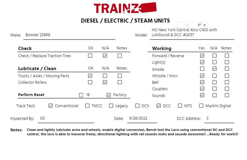 Bowser 23868 HO New York Central Alco C430 with LokSound & DCC #2057
