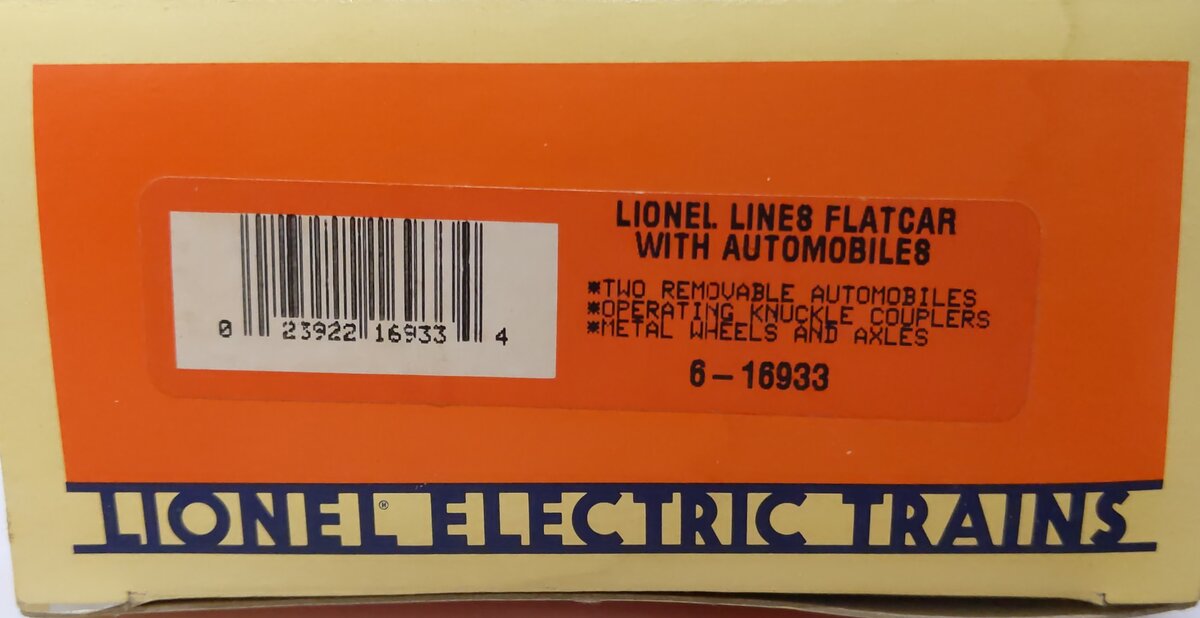 Lionel 6-16933 O Gauge Lionel Lines Flatcar with 2 Blue Automobiles LN/Box