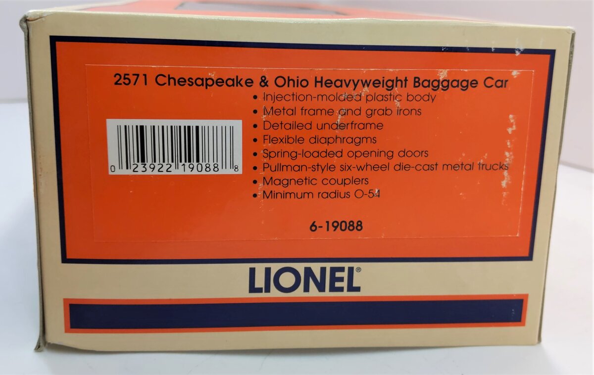 Lionel 6-19088 O Chesapeake & Ohio Heavyweight Baggage Car #2571 LN/Box