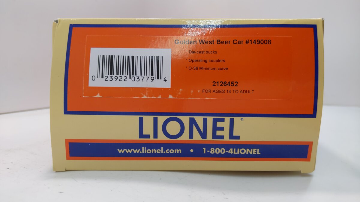 Lionel 2126452 O Golden West Beer Car #149008