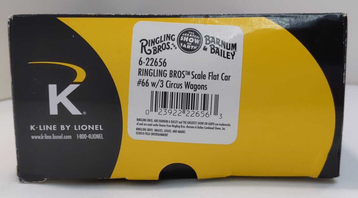 K-Line 6-22656 O Ringling Bros Flatcar #66 W/ 3 Circus Wagons NIB