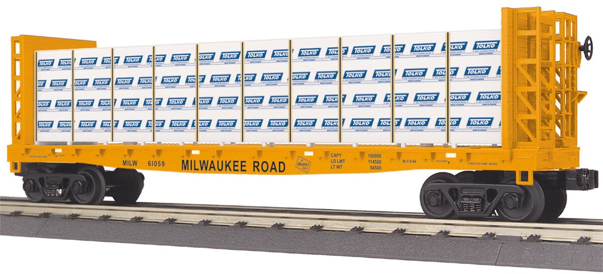 MTH 30-76451 O Gauge Milwaukee Road Bulkhead Flat w/Lumber Load