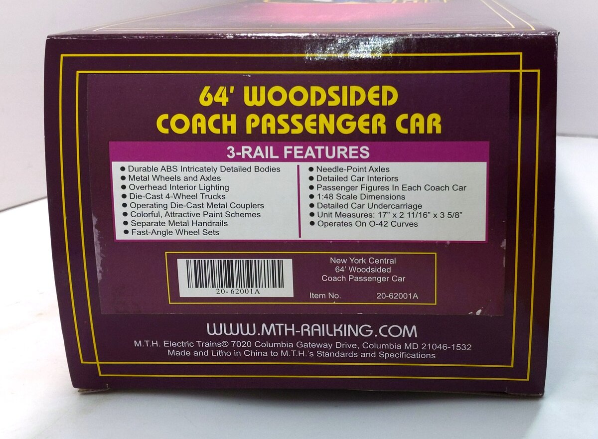 MTH 20-62001A O New York Central 64' Woodsided Caoch Passenger Car LN/Box