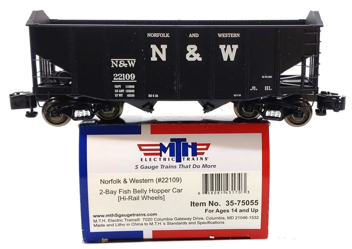 MTH 35-75055 S Scale Norfolk & Western 2-Bay Fish Belly Hopper Car #22109