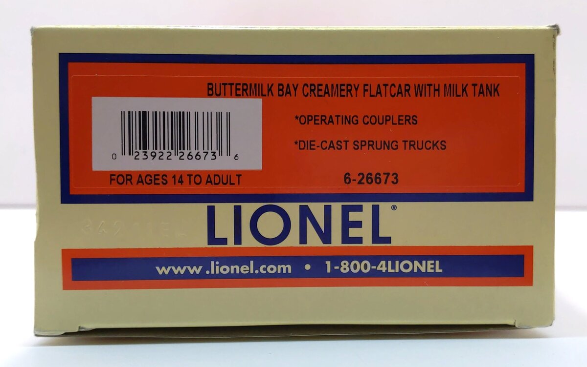 Lionel 6-26673 O Gauge Buttermilk Bay Creamery Flatcar w/ Milk Tank