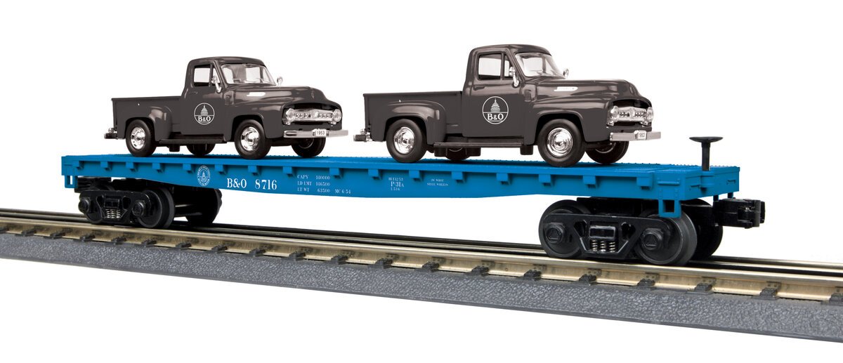 MTH 30-76668 O Baltimore & Ohio Flat Car with 2 '53 Ford Pickup Trucks