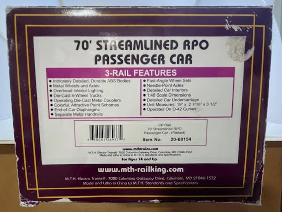 MTH 20-68154 O Gauge CP Rail 70' Streamlined RPO Passenger Car #3011