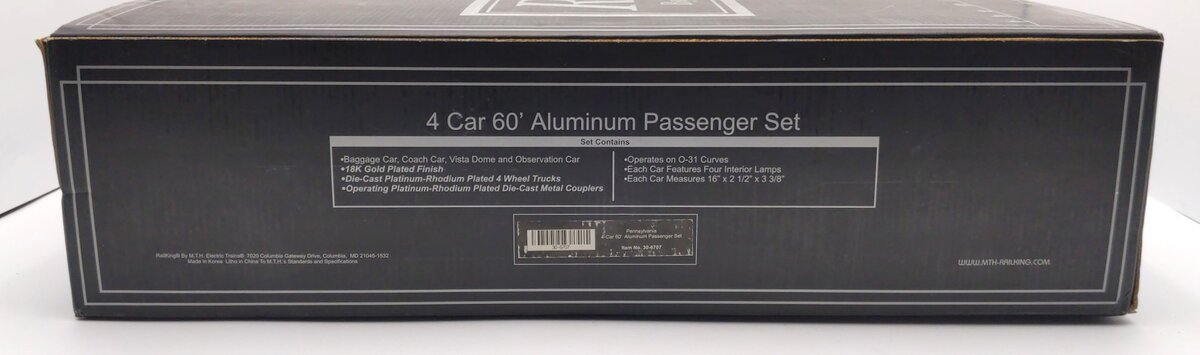 MTH 30-6707 O PRR 60' 18K Gold Plated Aluminum Passenger Car Set (Set of 4) LN/Box