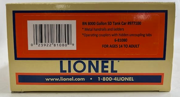 Lionel 6-81080 O Gauge Burlington Northern 8,000 Gallon Tank Car #977100