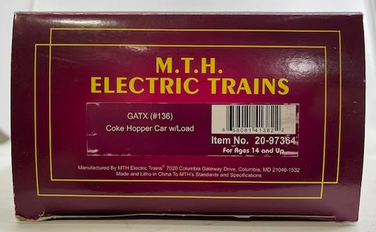 MTH 20-97364 O Gauge GATX Coke Hopper Car #136 with Cola Load