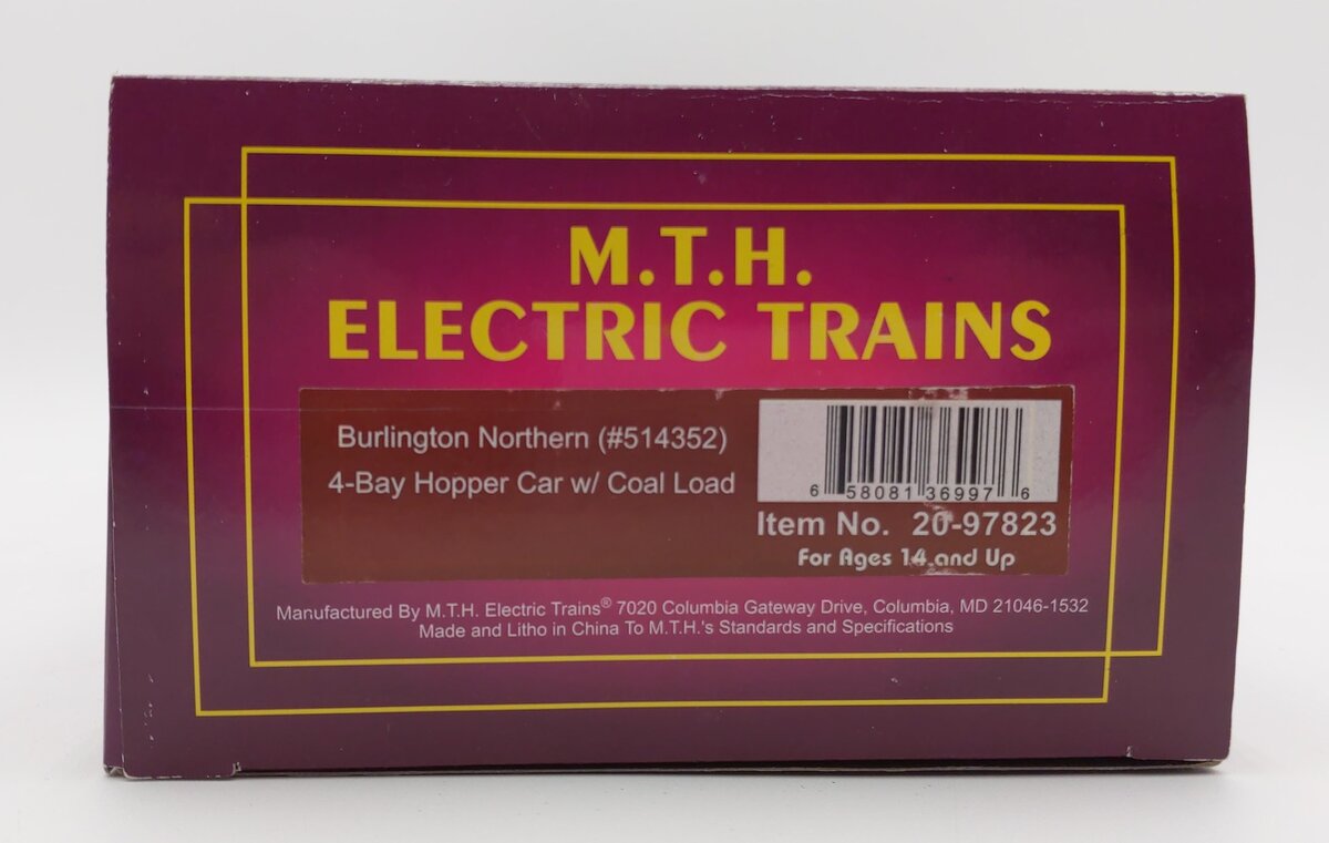 MTH 20-97823 O Burlington Northern 4-Bay Hopper Car with Coal Load #514352
