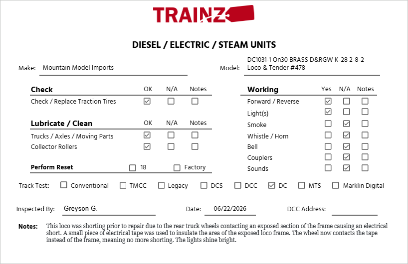 Mountain Model Imports DC1031-1 On30 BRASS D&RGW K-28 2-8-2 Loco & Tender #478 EX/Box