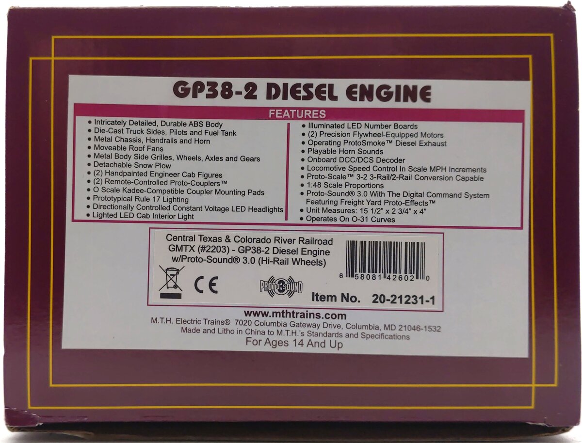 MTH 20-21231-1 O CTXR GP38-2 Diesel Locomotive #2203 w/ Proto-Sound 3.0