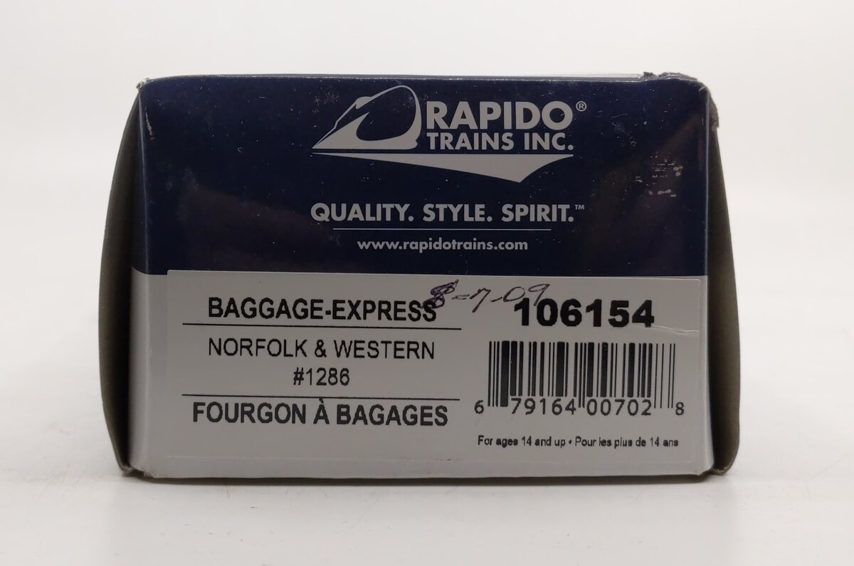 Rapido Trains 106154 HO Norfolk & Western 73' 6" Smooth Side Baggage #1286