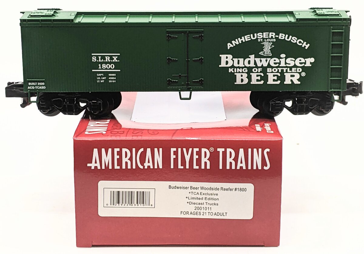 American Flyer 2001011 S Gauge TCA SLRX Budweiser Beer Woodside Reefer #1800 LN/Box