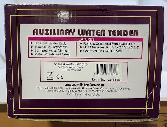 MTH 20-3619 O Gauge Norfolk & Western Auxiliary Die-Cast Water Tender II