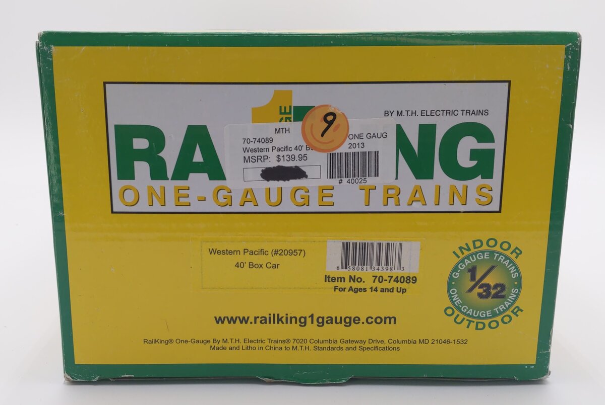 MTH 70-74089 G Scale Western Pacific Railking 40' Boxcar #20957 w/ Metal Wheels