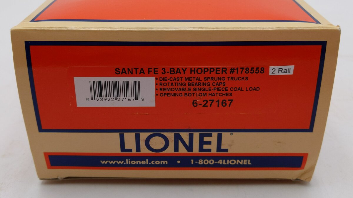 Lionel 6-27167 O Gauge Santa Fe AT&SF 3-Bay Hopper With Coal Load #178558