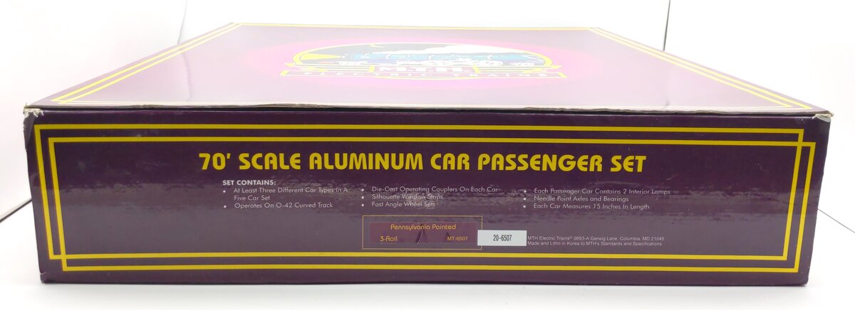 MTH 20-6507 O Gauge Pennsylvania Railroad 70' Aluminum Passenger Car Set LN/Box