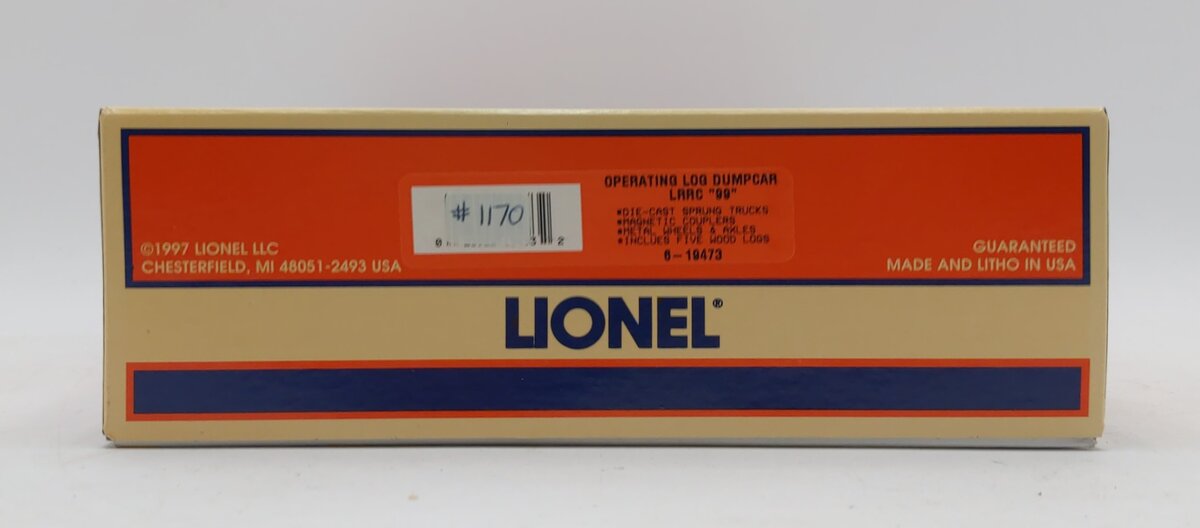 Lionel 6-19473 O Gauge LRRC Operating Log Dump Car Chesterfield Sawmill NIB