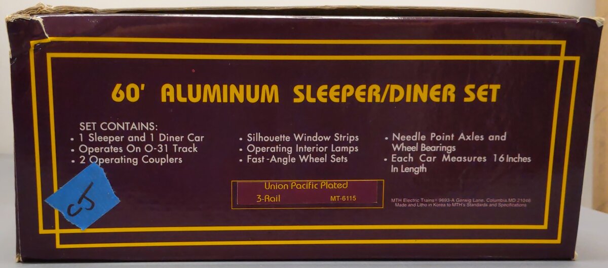 MTH 20-6115 O UP 60' Sleeper/Diner Aluminum Passenger Car Set (Set of 2) EX/Box